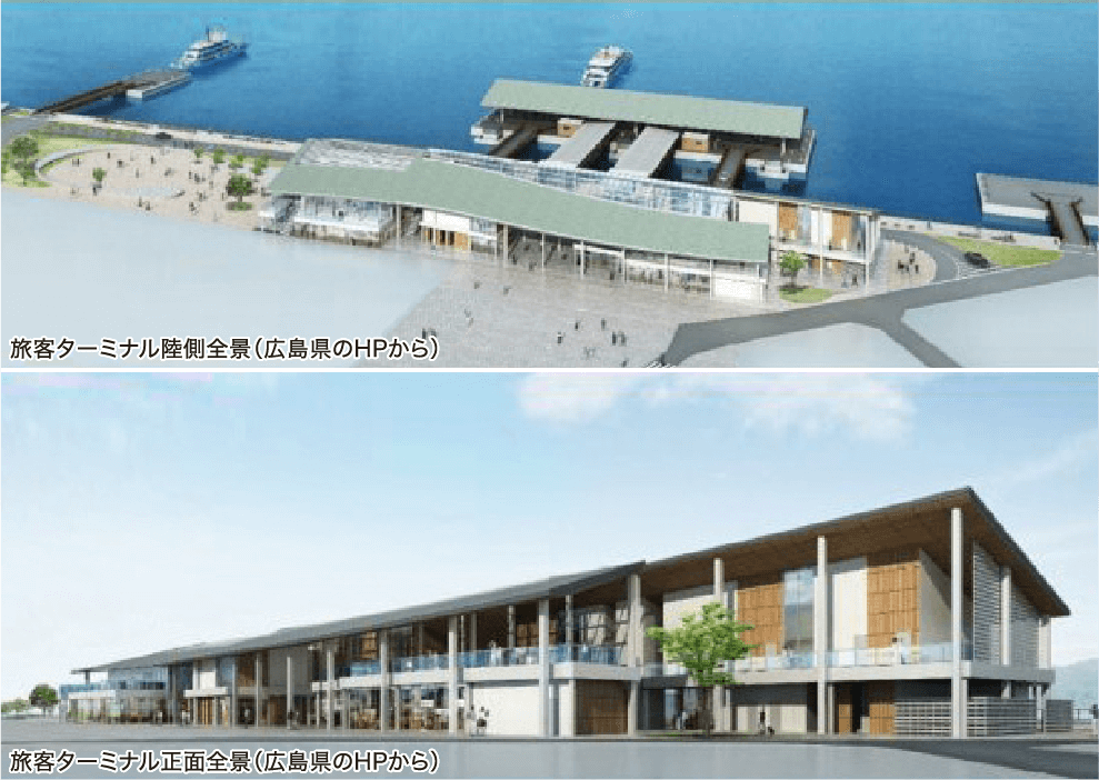 画像:旅客ターミナル陸側全景(広島県のHPから)旅客ターミナル正面全景(広島県のHPから)